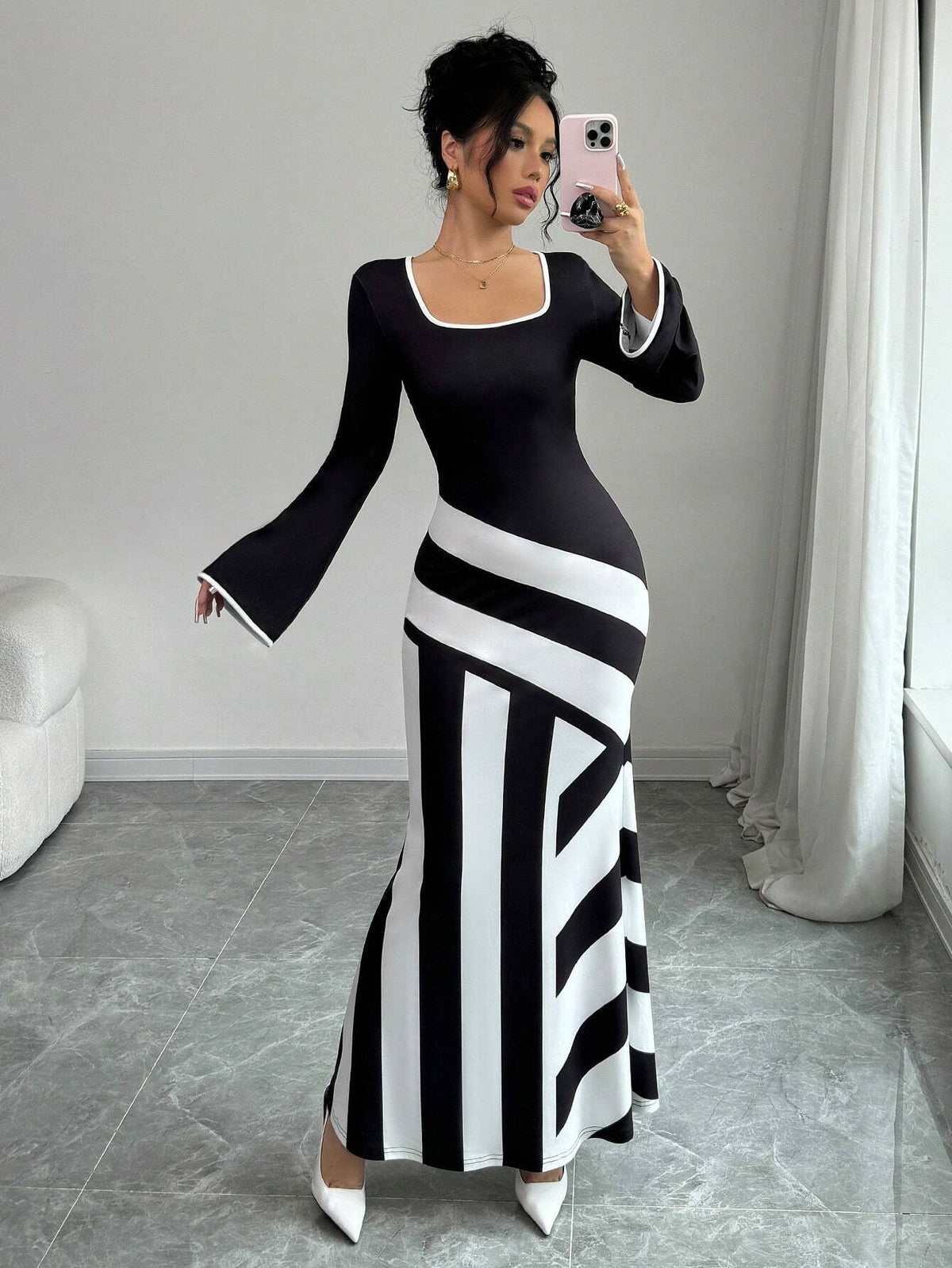 Color Block Graphic Print Boat Neck Fishtail Hem Dress For Women