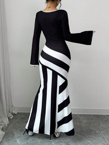 Color Block Graphic Print Boat Neck Fishtail Hem Dress For Women