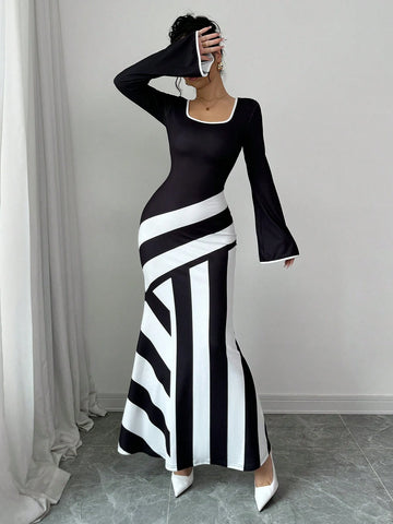 Color Block Graphic Print Boat Neck Fishtail Hem Dress For Women