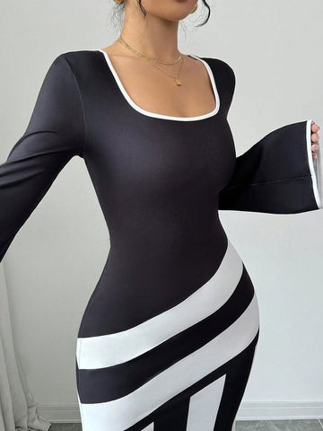 Color Block Graphic Print Boat Neck Fishtail Hem Dress For Women