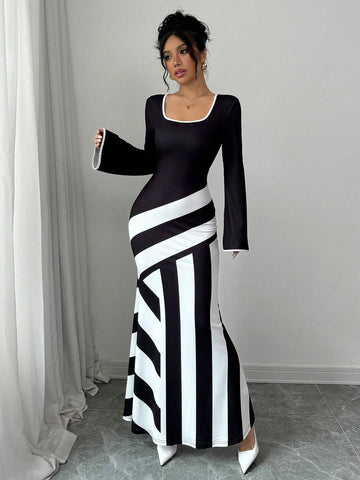 Color Block Graphic Print Boat Neck Fishtail Hem Dress For Women