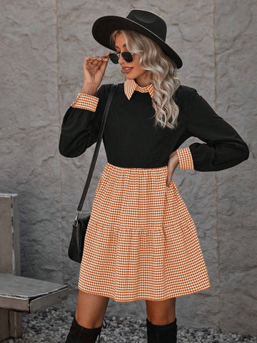 Color Block Plaid Pattern Long Sleeve Casual Dress, Suitable For Outing