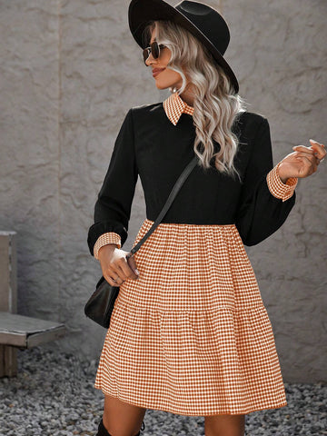 Color Block Plaid Pattern Long Sleeve Casual Dress, Suitable For Outing