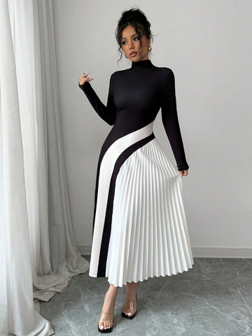 Color Block Pleated Sexy Women's Dress