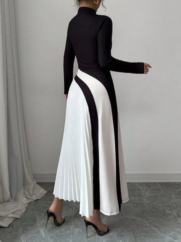 Color Block Pleated Sexy Women's Dress