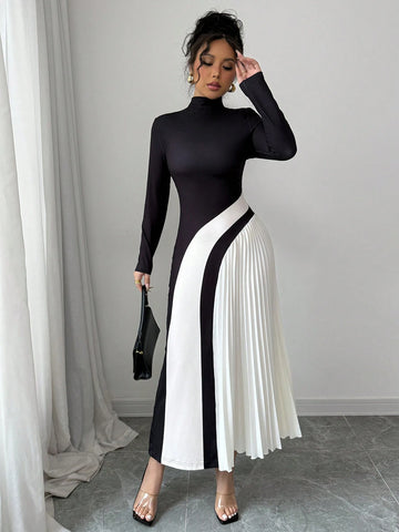 Color Block Pleated Sexy Women's Dress