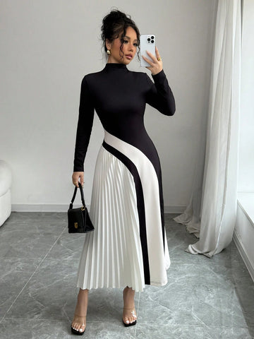 Color Block Pleated Sexy Women's Dress