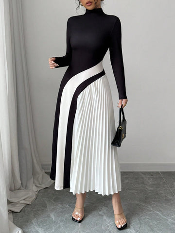 Color Block Pleated Sexy Women's Dress