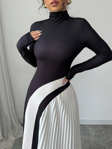 Color Block Pleated Sexy Women's Dress