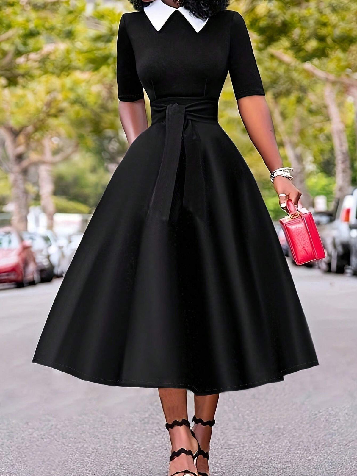 Color Block Short Sleeve A-Line Dress With Elegant Waist Tie, Spring/Summer