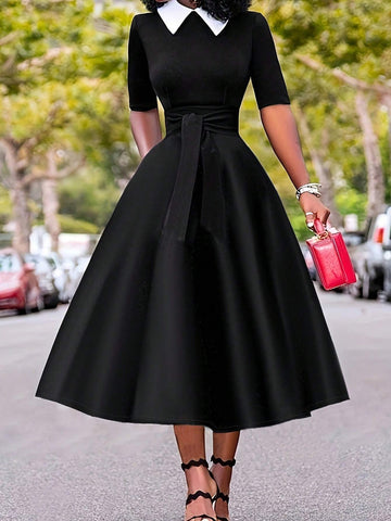 Color Block Short Sleeve A-Line Dress With Elegant Waist Tie, Spring/Summer