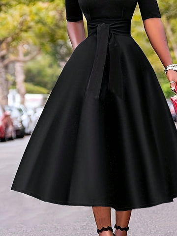 Color Block Short Sleeve A-Line Dress With Elegant Waist Tie, Spring/Summer