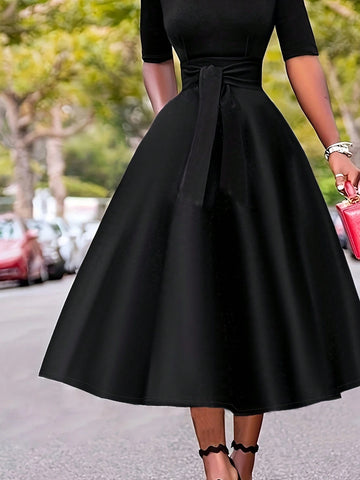 Color Block Short Sleeve A-Line Dress With Elegant Waist Tie, Spring/Summer