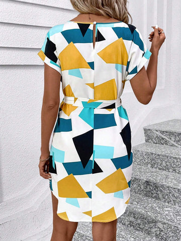 Colorful Geometric Print Waist Cinched Waist Round Neck Women Bodycon Dress With Front Slit