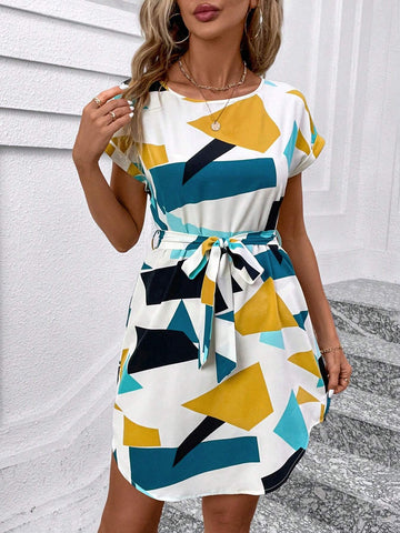 Colorful Geometric Print Waist Cinched Waist Round Neck Women Bodycon Dress With Front Slit
