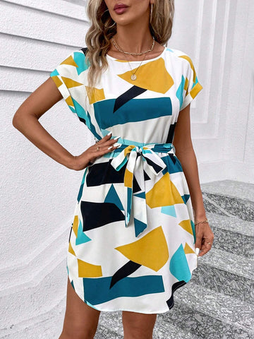 Colorful Geometric Print Waist Cinched Waist Round Neck Women Bodycon Dress With Front Slit