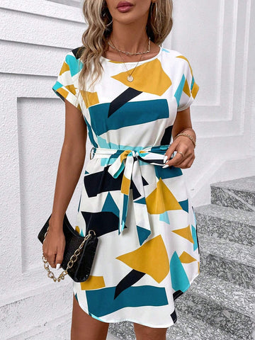 Colorful Geometric Print Waist Cinched Waist Round Neck Women Bodycon Dress With Front Slit