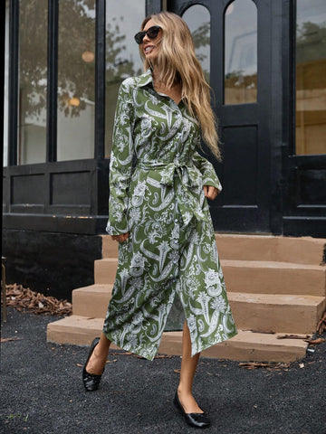 Commute Style Paisley Print Collar Cinched Waist Waist Puff Sleeve Long Shirt Dress