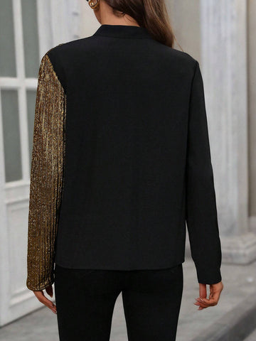 Clasi Contrast Color Metal Splicing V-Neck Long Sleeve Loose Blouse