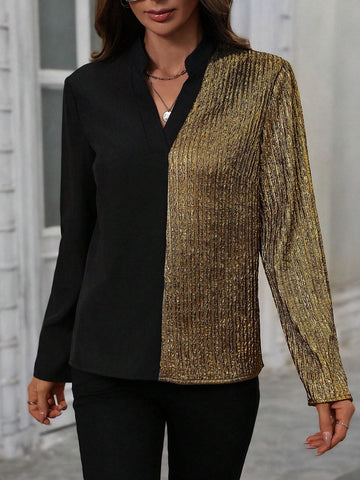 Clasi Contrast Color Metal Splicing V-Neck Long Sleeve Loose Blouse