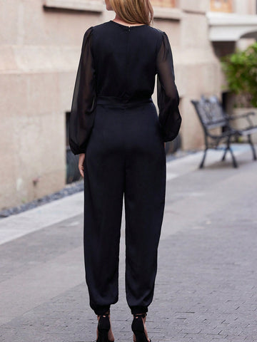 Contrast Mesh Lantern Sleeve Overlap Collar Jumpsuit