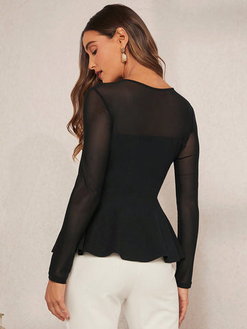 Contrast Mesh Peplum Tee