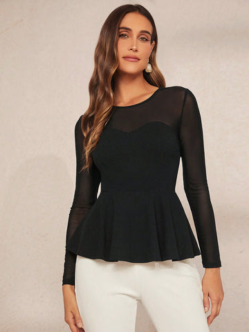 Contrast Mesh Peplum Tee