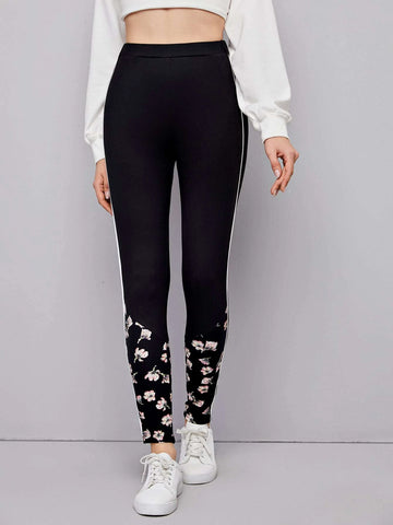 Clasi Contrast Piping Floral Print Leggings