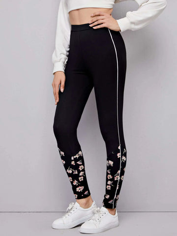 Clasi Contrast Piping Floral Print Leggings