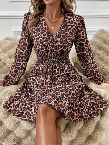 Criss-Cross V-Neck Leopard Print Cinched Waist Elegant Women Dress