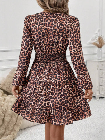 Criss-Cross V-Neck Leopard Print Cinched Waist Elegant Women Dress