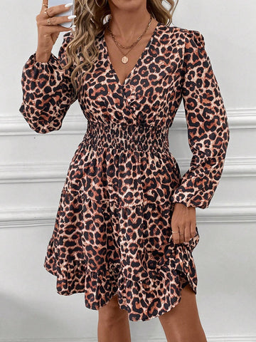 Criss-Cross V-Neck Leopard Print Cinched Waist Elegant Women Dress