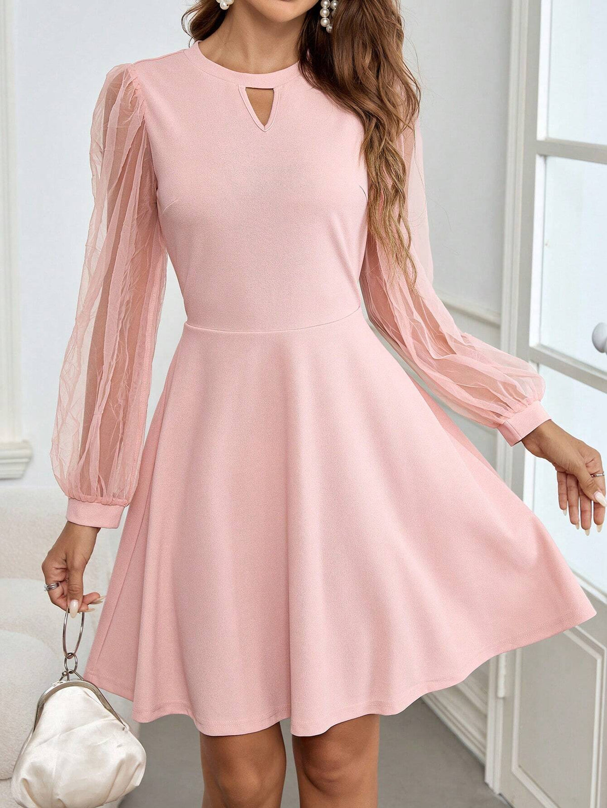Cut Out Contrast Mesh Lantern Sleeve Dress