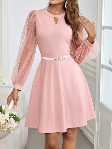 Cut Out Contrast Mesh Lantern Sleeve Dress