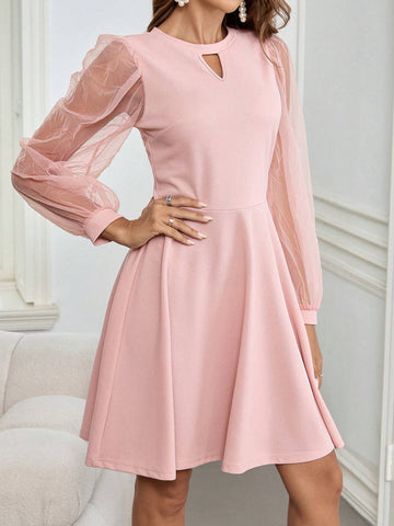 Cut Out Contrast Mesh Lantern Sleeve Dress