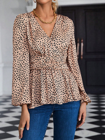 Dalmatian Print Lantern Sleeve Peplum Blouse