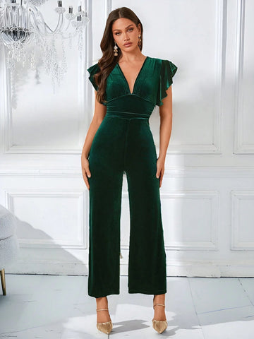 Deep V-Neck Ruffle Sleeve Waist Tie Jumpsuit For Party & Social Events