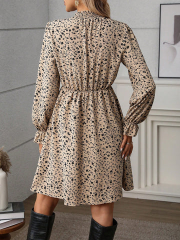 Ditsy Floral Drawstring Crew Neck Casual Versatile Long Sleeve Dress