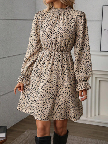 Ditsy Floral Drawstring Crew Neck Casual Versatile Long Sleeve Dress