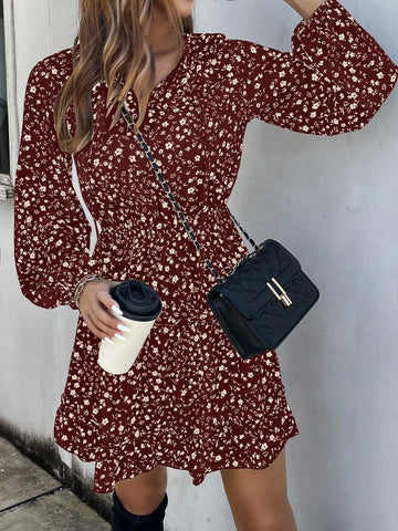 Ditsy Floral Long Sleeve Casual Dress, Simple And Fashionable For Everyday Wear