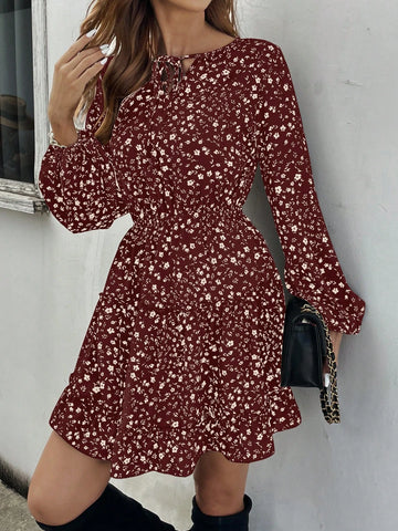 Ditsy Floral Long Sleeve Casual Dress, Simple And Fashionable For Everyday Wear