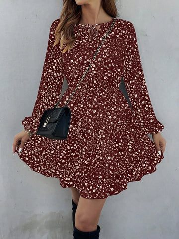 Ditsy Floral Long Sleeve Casual Dress, Simple And Fashionable For Everyday Wear