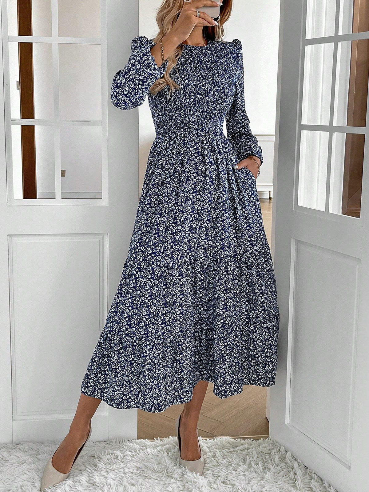 Ditsy Floral Ruffle Hem Midi Length Long Sleeve Women Dress, Elegant Resort Style