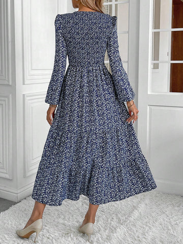 Ditsy Floral Ruffle Hem Midi Length Long Sleeve Women Dress, Elegant Resort Style