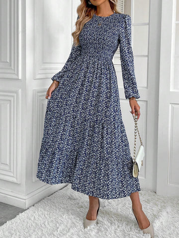 Ditsy Floral Ruffle Hem Midi Length Long Sleeve Women Dress, Elegant Resort Style