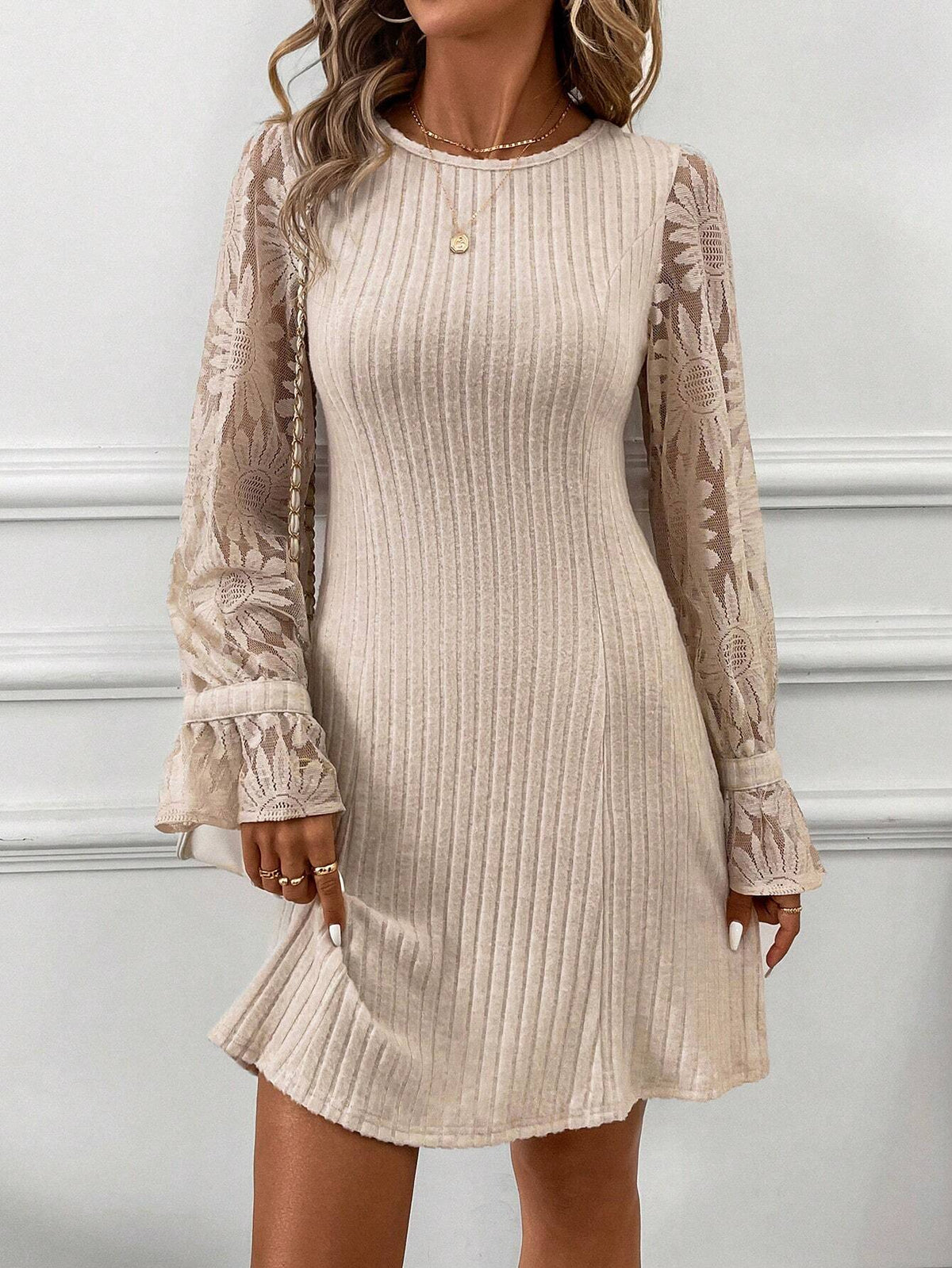 Elegant Beautiful Flocked Ribbed Sunflower Lace Sleeve Women's Dress For Autumn/Winter