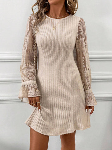 Elegant Beautiful Flocked Ribbed Sunflower Lace Sleeve Women's Dress For Autumn/Winter