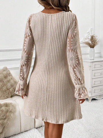 Elegant Beautiful Flocked Ribbed Sunflower Lace Sleeve Women's Dress For Autumn/Winter