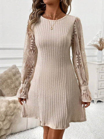 Elegant Beautiful Flocked Ribbed Sunflower Lace Sleeve Women's Dress For Autumn/Winter