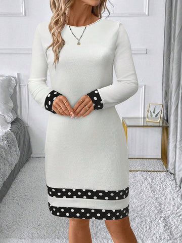 Elegant Commuter Black & White Geometric Patchwork Crew Neck Long Sleeve Short Dress For